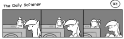 Size: 1280x404 | Tagged: safe, artist:tetrapony, derpy hooves, pegasus, pony, comic:the daily derp, g4, comic, fabric softener, female, mare, monochrome, solo, the daily softener, washing machine