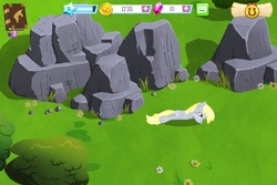 Size: 960x640 | Tagged: safe, gameloft, derpy hooves, pegasus, pony, g4, female, game screencap, mare, planking, prone, rock, solo