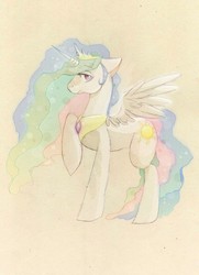 Size: 871x1200 | Tagged: safe, artist:wolfiedrawie, princess celestia, alicorn, pony, g4, female, jewelry, looking at you, mare, peytral, profile, raised hoof, solo, spread wings, tiara, wings