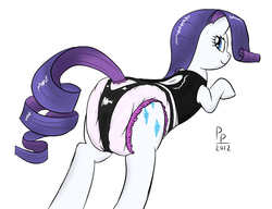 Size: 1200x920 | Tagged: safe, artist:ponypadding, rarity, pony, unicorn, g4, butt, clothes, diaper, diaper fetish, female, hidden horn, leather, leotard, looking at you, looking back, looking back at you, mare, non-baby in diaper, plot, purple hair, purple mane, purple tail, simple background, solo, tail, tail hole, white background, white body, white coat, white fur, white pony