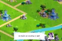 Size: 960x640 | Tagged: safe, gameloft, twilight sparkle, parasprite, pony, g4, dialogue, element of kindness, element of laughter, female, game screencap, harmony stones, mare, solo, speech bubble