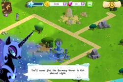 Size: 960x640 | Tagged: safe, gameloft, nightmare moon, twilight sparkle, pony, g4, book, dialogue, element of laughter, ethereal mane, female, game screencap, harmony stones, mare, rock, scroll, solo focus, speech bubble, starry mane