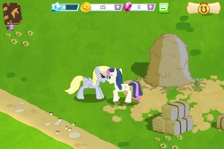 Size: 960x640 | Tagged: safe, gameloft, bon bon, derpy hooves, sweetie drops, earth pony, pegasus, pony, g4, derpybon, duo, female, game screencap, hay bale, haystack, mare