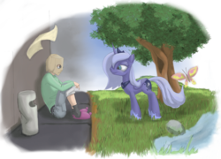 Size: 1500x1077 | Tagged: dead source, safe, artist:phoreen, princess luna, oc, oc:anon, alicorn, butterfly, human, pony, g4, duo, paper bag, s1 luna, sad, smiling, trash can