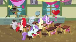 Size: 1280x720 | Tagged: safe, edit, edited screencap, screencap, alula, diamond tiara, king sombra, liza doolots, petunia, pluto, silver spoon, tootsie flute, truffle shuffle, twist, earth pony, pony, g4, hearts and hooves day (episode), background pony, balloon, classroom, colt, female, filly, foal, glasses, hearts and hooves day, licking lips, male, ponyville schoolhouse, sitting, when you see it