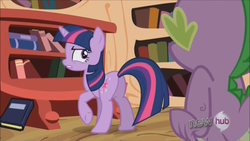 Size: 1280x720 | Tagged: safe, screencap, spike, twilight sparkle, pony, g4, butt, female, mare, plot