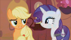 Size: 1280x720 | Tagged: safe, screencap, applejack, rarity, g4, the crystal empire, out of context