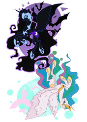 Size: 3508x4961 | Tagged: safe, artist:fizzypopfriday, nightmare moon, princess celestia, g4, contrast