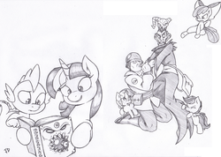 Size: 1419x1013 | Tagged: safe, artist:joey darkmeat, apple bloom, scootaloo, spike, sweetie belle, twilight sparkle, g4, bombinomicon, merasmus, monochrome, soldier, soldier (tf2), team fortress 2, traditional art