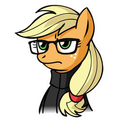 Size: 945x945 | Tagged: safe, artist:megasweet, edit, applejack, earth pony, pony, g4, apple (company), clothes, female, glasses, simple background, solo, steve jobs, sweater, visual pun, white background