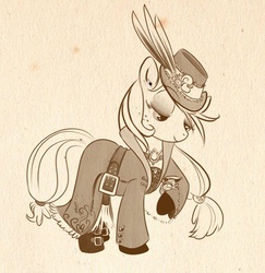 Size: 569x585 | Tagged: safe, artist:bunnimation, applejack, earth pony, pony, g4, brown background, classy, clothes, dress, feather, female, hat, mare, monochrome, photoshop, simple background, solo, steampunk, watch