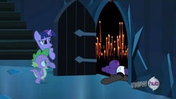 Size: 854x480 | Tagged: safe, rarity, spike, twilight sparkle, dragon, pony, unicorn, g4, my little pony: friendship is magic, the crystal empire, candle, clothes, exploitable meme, female, lingerie, male, mare, meme, socks, the scary door, thigh highs