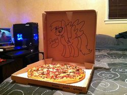 Size: 960x717 | Tagged: safe, artist:a pizza guy, derpy hooves, pegasus, pony, g4, bed, computer, desktop, female, food, mare, meat, pepperoni, pepperoni pizza, photo, pizza, pizza box