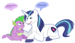 Size: 1166x672 | Tagged: safe, artist:arcticwaters, shining armor, spike, dragon, pony, unicorn, g4, duo, duo male, male, simple background, stallion, talking, transparent background