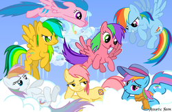 Size: 2000x1300 | Tagged: safe, artist:aquaticneon, coconut grove, firefly, first born, masquerade (g1), patch (g1), rainbow dash, rainbow dash (g3), earth pony, pegasus, pony, g1, g3, g4, my little pony tales, adoraborn, brave, closed mouth, clothes, coconut grove can fly, cute, dashabetes, female, firefly can fly, flyabetes, flying, frown, g1 masqueradorable, g1 to g4, g3 dashabetes, g3 to g4, generation leap, groveabetes, hat, mare, masquerade can fly, open mouth, open smile, patchabetes, rainbow dash always dresses in style, rainbow dash can fly, scarf, smiling