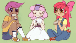 Size: 1280x729 | Tagged: safe, artist:jun-k-tastic, apple bloom, scootaloo, sweetie belle, human, g4, bandaid, clothes, cutie mark crusaders, dark skin, dress, eating, food, humanized, overalls, sandwich