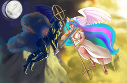 Size: 1280x840 | Tagged: safe, artist:jun-k-tastic, nightmare moon, princess celestia, human, g4, horn, horned humanization, humanized, winged humanization