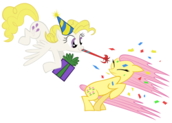 Size: 4000x2871 | Tagged: safe, artist:draikjack, artist:lauren faust, posey, surprise, earth pony, pegasus, pony, g1, g4, duo, g1 to g4, generation leap, hat, party hat, party horn, present, recolor, simple background, transparent background, vector