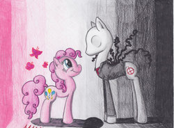 Size: 900x661 | Tagged: safe, artist:neonredwings, pinkie pie, g4, crossover, crossover friendshipping, friendshipping, ponified, slenderman, slendermane, slenderpony