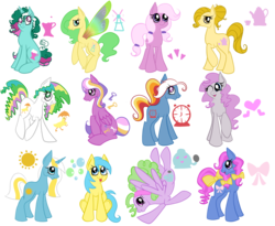 Size: 3300x2700 | Tagged: dead source, safe, artist:tinyfeather, bow tie (g1), bright eyes, bubbles (g1), crumpet, fizzy, lavender lace (g1), lickety-split, locket (g1), quackers, snuzzle, sunbeam, wind drifter, earth pony, pony, g1, g4, bow, coat markings, facial markings, female, freckles, g1 to g4, generation leap, hair bow, simple background, star (coat marking), tail bow, transparent background, vector