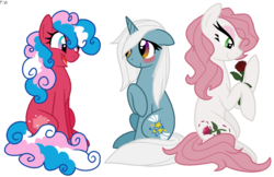 Size: 1161x751 | Tagged: safe, artist:faith-wolff, cotton candy (g3), desert rose, starbeam, earth pony, pony, unicorn, g3, g4, blushing, cute, female, flower, g3 adorabeam, g3 cottoncandybetes, g3 rosabetes, g3 to g4, generation leap, mare, race swap, rose, simple background, transparent background, trio, unicorn starbeam