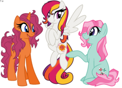 Size: 1116x805 | Tagged: safe, artist:faith-wolff, minty, sparkleworks, sunny daze (g3), earth pony, pegasus, pony, unicorn, g3, g4, female, flying, g3 to g4, generation leap, mare, simple background, sitting, transparent background, trio