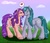 Size: 703x611 | Tagged: safe, artist:silvermoonbreeze, clever clover, morning glory (g2), prince fauna, princess flora, earth pony, pony, g2, female, heart, male, mare, outdoors, ship:flauna, shipping, speech bubble, stallion, straight, unshorn fetlocks