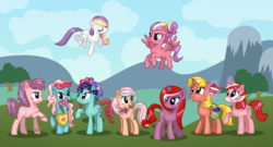 Size: 1000x538 | Tagged: safe, artist:whiteeyedcat, berry bright, cupcake (g2), dainty dove (g2), ivy, moon shadow, morning glory (g2), sugar belle (g2), sundance (g2), sunsparkle, tipsy tulip, g2, g4, bracelet, cake, flower, flower in mouth, food, g2 to g4, generation leap, glowing horn, grin, horn, levitation, magic, messy eating, mouth hold, open mouth, raised hoof, smiling, telekinesis
