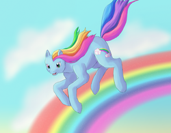 Size: 800x623 | Tagged: safe, artist:rikakitty, rainbow dash (g3), earth pony, pony, g3, 2012, female, g3 dashabetes, mare, open mouth, open smile, rainbow, sky, smiling, solo