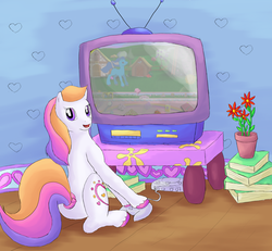 Size: 800x738 | Tagged: safe, artist:rikakitty, light heart, oc, pony, g2, duo, female, game, heart, looking at you, mare, open mouth, sega dreamcast, television