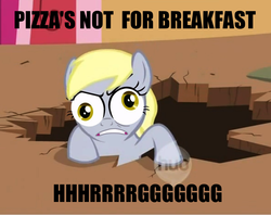 Size: 884x704 | Tagged: safe, derpy hooves, pegasus, pony, g4, caption, female, hub logo, mare, pizza's not for breakfast, special eyes, wat, whitest kids you know