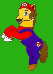 Size: 886x1246 | Tagged: safe, artist:jlou-cherry, earth pony, pony, g1, clothes, facial hair, gloves, green background, hat, male, mario, moustache, nintendo, overalls, ponified, rearing, simple background, smiling, solo, stallion, super mario bros., super mushroom, tail, traditional art