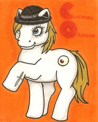 Size: 836x1040 | Tagged: safe, artist:jlou-cherry, earth pony, pony, g1, a clockwork orange, bowler hat, hat, male, ponified, raised hoof, smiling, solo, stallion, tail, traditional art