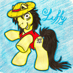 Size: 900x906 | Tagged: dead source, safe, artist:jlou-cherry, earth pony, pony, g1, hat, looking at you, male, monkey d. luffy, one piece, ponified, rearing, solo, stallion, straw hat, tail, traditional art