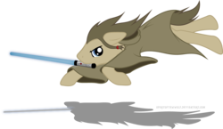 Size: 3485x2015 | Tagged: safe, artist:spiritofthwwolf, doctor whooves, time turner, earth pony, pony, g4, clothes, crossover, energy weapon, hooves, jedi, jumping, leaping, lightsaber, male, mouth hold, robes, simple background, solo, stallion, star wars, transparent background, weapon