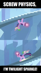Size: 500x895 | Tagged: safe, edit, edited screencap, screencap, spike, twilight sparkle, dragon, pony, unicorn, g4, the crystal empire, butt touch, duo, female, gravity spell, hand on butt, king sombra's stair dimension, letterboxing, magic, male, mare, physics, reverse gravity spell, sliding, stairs, unicorn twilight