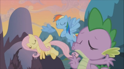 Size: 1366x768 | Tagged: safe, fluttershy, rainbow dash, spike, g4, animation error