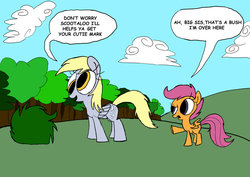 Size: 900x637 | Tagged: safe, artist:joeywaggoner, derpy hooves, scootaloo, pegasus, pony, g4, bush, female, headcanon, mare, sister