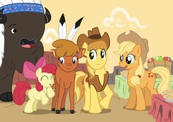 Size: 1768x1250 | Tagged: safe, artist:viraljp, apple bloom, applejack, braeburn, chief thunderhooves, little strongheart, bison, buffalo, earth pony, pony, g4, appleloosa, desert, female, filly, male, mare, stallion, thanksgiving, wild west