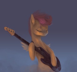 Size: 1286x1200 | Tagged: safe, artist:fruitbloodmilkshake, scootaloo, pony, g4, bass guitar, bipedal, electric guitar, female, guitar, musical instrument, scootabass, solo
