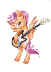 Size: 1056x1476 | Tagged: safe, artist:paulina-ap, scootaloo, pegasus, pony, g4, bass guitar, bipedal, female, filly, musical instrument, scootabass, solo, traditional art