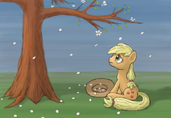 Size: 5466x3771 | Tagged: safe, artist:morevespenegas, applejack, earth pony, pony, g4, female, flower petals, looking up, mare, sitting, solo, tree