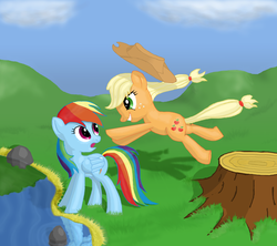 Size: 4500x4000 | Tagged: safe, artist:morevespenegas, applejack, rainbow dash, g4, pond, water