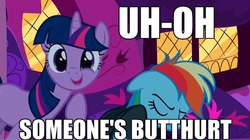Size: 960x538 | Tagged: safe, edit, edited screencap, screencap, rainbow dash, twilight sparkle, pony, g4, read it and weep, butthurt, caption, duo, image macro, sneaking suit