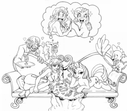 Size: 1365x1200 | Tagged: safe, artist:irie-mangastudios, rarity, spike, human, g4, bits, crossover, infatuation, nami, one piece, treasure, vinsmoke sanji