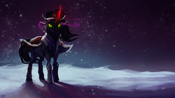 Size: 1920x1080 | Tagged: safe, artist:cmaggot, king sombra, pony, unicorn, g4, armor, glowing horn, horn, male, snow, snowfall, solo, wallpaper