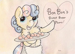 Size: 1016x728 | Tagged: safe, artist:slightlyshade, bon bon, sweetie drops, earth pony, pony, g4, apron, candy, chest fluff, clothes, female, fluffy, hooves, mare, open mouth, solo, text, traditional art