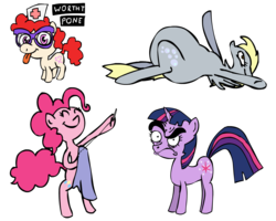 Size: 1250x1000 | Tagged: safe, artist:corwin, derpy hooves, pinkie pie, twilight sparkle, twist, pegasus, pony, g4, aderpose, blatant lies, fat, female, glasses, hat, mare, nurse hat, sewing, simple background, transparent background