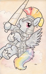 Size: 741x1182 | Tagged: safe, artist:slightlyshade, rainbow dash, pony, g4, the crystal empire, armor, crystal guard armor, female, jousting, solo, traditional art