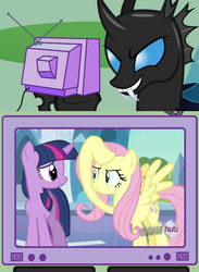 Size: 563x771 | Tagged: safe, fluttershy, twilight sparkle, changeling, pony, g4, exploitable meme, meme, tv meme